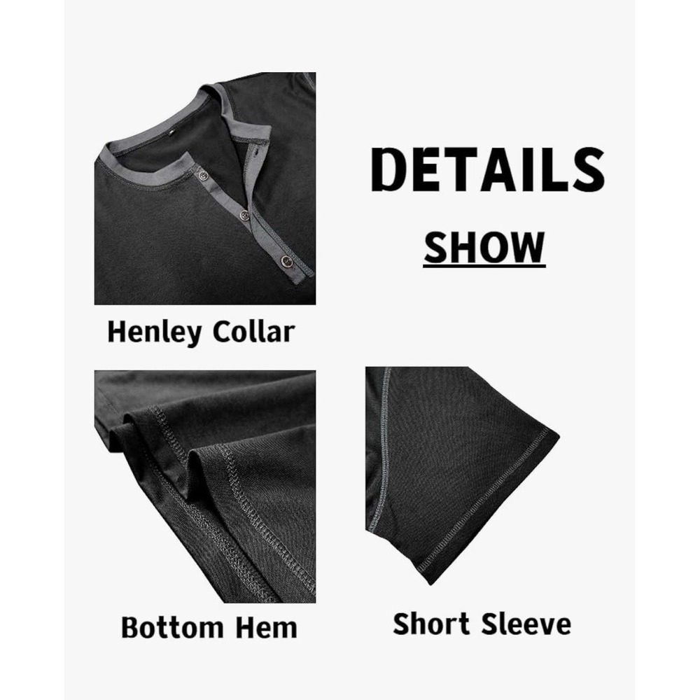 Mens Henley Shirt Short Sleeve Slim Fit Contrast Button Placket Black Medium - Picture 2 of 5